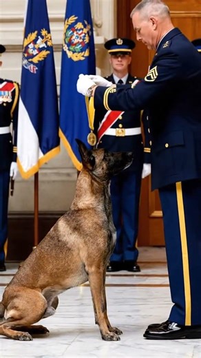 A Malinois kneeling calmly in front of decorated officers, waiting as its medal is presented
