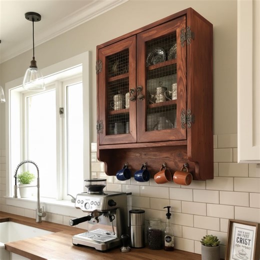 Rustic Wooden Wall Cabinet With Hooks - Cottage Style Cabinet - Wire Cabinet - Vintage Cabinet - Cup Mug Storage - Rustic Storage Unit - Etsy