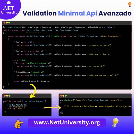 **🚀 .NET 10 Minimal APIs: Validación Nativa Avanzada** Custom Data Annotations tu propia lógica de validación… ¿el fin de FluentValidation? 🤔 Con .NET 10 ya puedes habilitar validación automática en tus Minimal APIs ✅ Pero lo más potente es esto: también puedes crear tus propias Data Annotations (custom attributes) para validar exactamente las reglas de tu negocio. 🔥 Ejemplos reales: ✅ Email obligatorio y con formato válido ✅ SKU / código de producto con patrón específico ✅ Rangos dinámicos, 