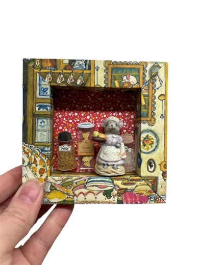 Handcrafted Paper Shadow Box. Created by Me Crafty Kitty! Vintage 1990s RUSS Brand Porcelain Mouse Baking! OOAK - Etsy