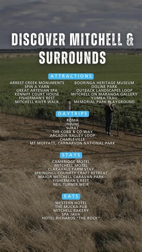 1.8K views · 13 reactions | #MitchellQLD will no longer be a stranger after this itinerary! ✅ How many have you checked off so far?  Make sure to screenshot or save this post for next time you come and say g'day to #OutbackQueensland  Tap the link for more to do in Mitchell and surrounds️https://romarevealed.com.au/discover-the-region/towns/mitchell-qld/ | Roma Revealed | Facebook