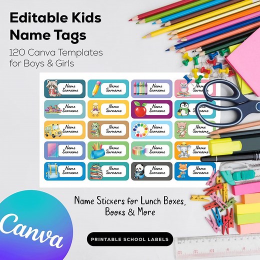 Editable Kids Name Tag Stickers | School Labels Canva Templates (digital Download) - Etsy