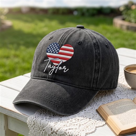 Custom Embroidered Washed Cotton Hat With American Flag Heart Design - Etsy