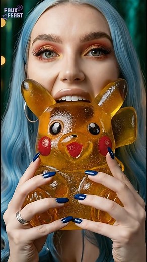 I found the biggest Pikachu gummy and obviously had to take a huge bite. Chewy, fruity, and way too cute to eat… but here we are. ⚡ If you had this giant Pikachu, would you nibble the ears first or go straight for the face? Or would you pick a different Pokemon? #pikachu #giantgummy #satisfying #asmreats #gummycandy #fantasyasmr | Faux Feast