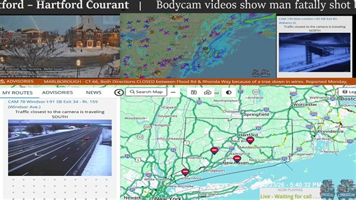 📡 24/7 Connecticut Incident Operations Livestream This livestream provides a real-time situational awareness dashboard built from live public data sources. 🚓 Police and fire scanner audio from multiple jurisdictions 🌧️ Weather radar and storm monitoring ✈️ Aircraft tracking and aviation activity 🚗 Traffic maps, flow analytics, and incident indicators 🌎 Public traffic, weather, city, and regional cameras (Connecticut and beyond) ⚠️ Not all visual feeds originate in Connecticut; cameras may r