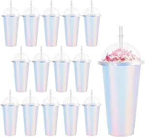 15Pack Iridescent Plastic Cups with Dome Lids and Straws - Iridescent Plastic Tumblers 24 oz Reusable Iced Beverage Cups for Disco Birthday Bachelorette Wedding Party Decoration