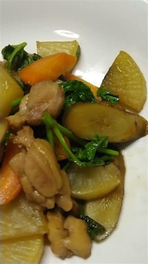 🌷鶏モモ肉と、野菜の煮物。 大根、人参、ゴボウ、仙台ふ、あしたば 🌷きんぴらごぼう