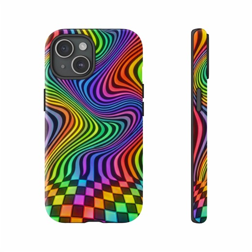 Psychedelic Rainbow Wave Phone Cases, Trippy Optical Illusion Art, Vibrant Colorful Swirls, Groovy Disco Checkerboard Design, Neon Rave - Etsy