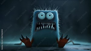 Fluffy blue creature with wide, expressive eyes and a mouthful of sharp teeth sits on a reflective surface. Fuzzy texture and rounded shape contrast with menacing grin.