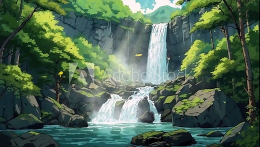 Dive into the captivating world of anime with this 4K video showcasing a waterfall in a picturesque forest, bathed in sunlight and rendered in stunning detail.