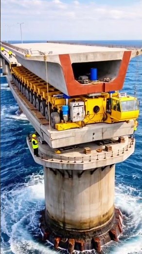 A massive precast concrete bridge deck is transported by a Self-Propelled Modular Transporter
