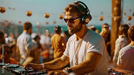 Overjoyed hipster friends dancing at night roof party clinking dancing drink alcohol DJ music. Group excited people man and woman relaxing fun on dancefloor nightclub entertainment summer sunset. 4k