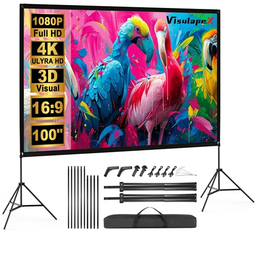 Outdoor Projector Screen with Stand, 100 inch 4K HD 16:9 Portable Movie Screen Wrinkle-Free Projection Screen with Carry Bag for Home Theater Movies Night