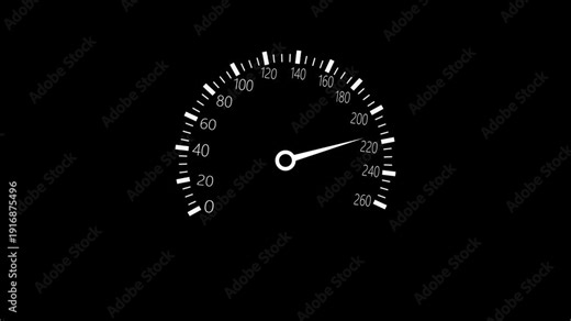 Analog car speedometer at high speed animation, Speedometer gauge minimalist high-contrast design