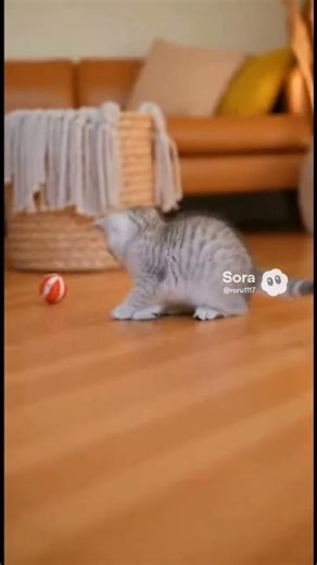 Kitten jumps back when a toy rolls toward her 😳🐾