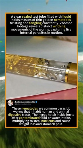 Mass Golden Parasitic Nematodes Writhing In Tube#ParasiteWorm 🪱 #MedicalBiology #HealthScience