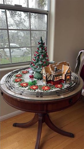 A small O Gauge Christmas display on New Year’s Day. Snoopy approves! #train #lioneltrains