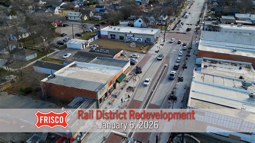 The latest #FriscoFlyover shows traffic flowing on Main Street as the finishing touches are put on it. Crews are working on the inside of the parking garage now that the top level has been formed. Please continue to visit downtown businesses during the project. Find public parking, view the construction timeline, and more on the Rail District story map. Link to it at FriscoTexas.gov/Downtown. | City of Frisco TX - City Hall