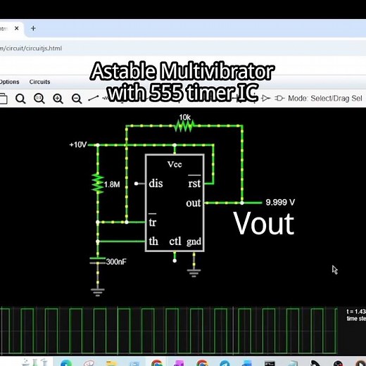 Falstad simulation for 555 timer IC Astable Multivibrator Circuit #circuit #squarewaves #math #eee
