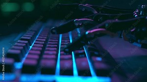 Robot hand working and typing on pc keyboard with AI Technology. Artificial intelligence mechanical arm with computer. Futuristic high-tech innovation concept Stock Video