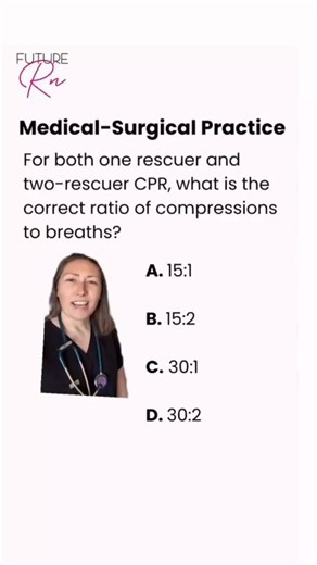Think you’ve got your CPR ratios down? Here’s a quick quiz for nursing students. For both one rescuer and two-rescuer CPR, what is the correct ratio of compressions to breaths? • • The correct answer is D! For both one-rescuer and two-rescuer adult CPR, the correct compression-to-breath ratio is 30:2. This means the rescuer(s) should provide 30 chest compressions followed by 2 rescue breaths, and then repeat the cycle. #NursingSchool #CPRKnowledge #FutureRN #nursingstudent #nursingquiz #nursingp