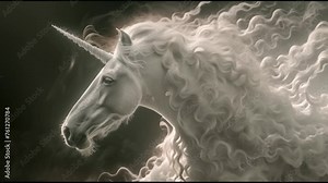 Unicorn, white beautiful mythical horse with a horn and a flowing mane