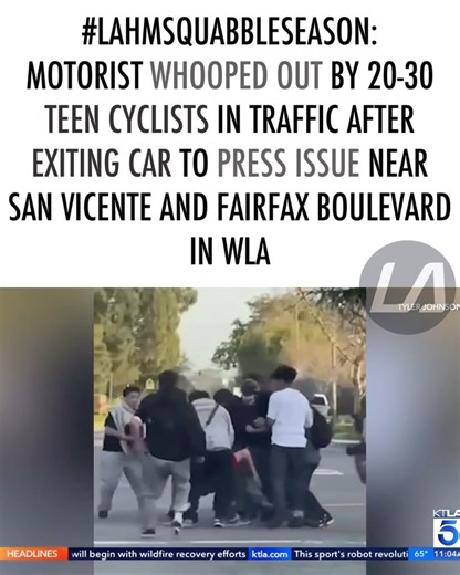 LAHOODMEDIA 🌴👀 on Instagram: "𝗡𝗲𝘄𝘀: Another driver fell victim to the Reginald Denny treatment after young Edgars on bikes put him to sleep in the middle of the road 🚦🌴👀 “Police are investigating a violent beating of a man by a group of juveniles, which was caught on video in the Carthay neighborhood of Los Angeles over the weekend. The attack occurred around 4:30 p.m. on Saturday at the intersection of San Vicente Boulevard and McCarthy Vista. Witnesses told LAPD that the victim got in