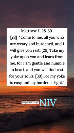 4.8K views · 239 reactions | Matthew 11:28-30 [28] “Come to me, all you who are weary and burdened, and I will give you rest. [29] Take my yoke upon you and learn from me, for I am gentle and humble in heart, and you will find rest for your souls. [30] For my yoke is easy and my burden is light.” English Bible - Gospel | English Bible - Gospel | Facebook
