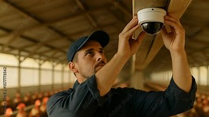 Installing security cameras in a poultry farm modern technology agricultural environment close-up view safety measures