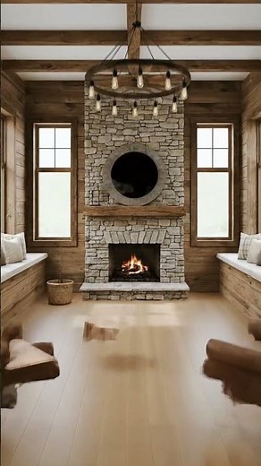 Cozy Rustic Sunroom with Stone Fireplace & Warm Wood Walls