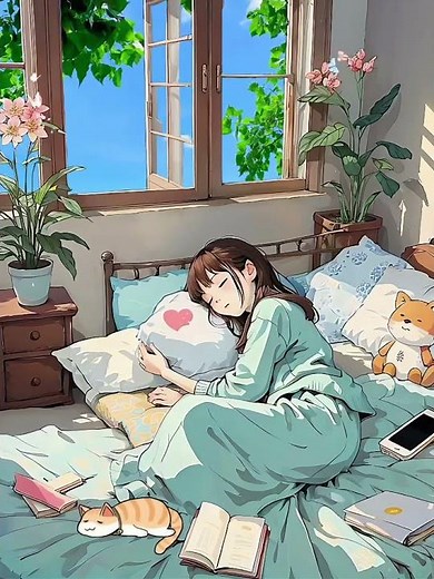 Anime girl sleeping peacefully at day time