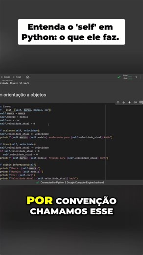 Python: Entendendo o 'self' em Classes Cansado de códigos bagunçados? 🤯 Aprenda de uma vez por todas o que é Orientação a Objetos (POO)! No vídeo de hoje, mostro como estruturar seu código como um profissional, usando exemplos práticos em Python para você entender Classes, Objetos e Herança. Se quiser aprender programação, vem para o canal @eitech_ no YouTube! 🚀💻 Pergunta: Você já usa Orientação a Objetos nos seus projetos ou ainda prefere o estilo funcional? 👇 . #programação #poo #python #a