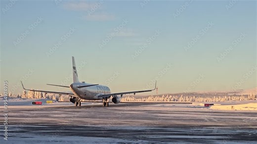 Kittila Airport in Lapland, Finland, 21 February 2026, A Finnair plane taxis on a snowy runway surrounded by a breathtaking winter landscape. T