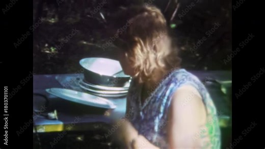 Portrait, tired 40 50 year old housewife against backdrop of dirty dishes. Melancholic middle aged woman sitting alone at picnic table, with plates. Old film. Archival retro 1960s. Vintage archive.