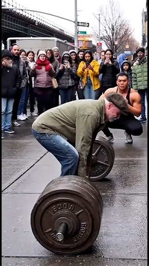 Grandpa Deadlifts 100KG on Queens Sidewalk – Bodybuilder DROPS to Knees!#reels #viral #fyp #oldman #powerlifting Candid 35mm-style shot on a gritty, crowded Queens sidewalk: An unassuming elderly man in worn jacket and newsboy cap deadlifts a heavy barbell loaded with rusty 100KG plates – strained but focused! 😤 Right next to him, a massive vein-popping bodybuilder drops to his knees, hands on head in absolute disbelief. Diverse crowd frozen, mouths open, iPhones up everywhere. Wet asphalt refl