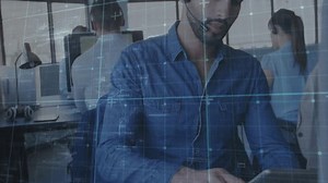 Customer service representative wearing headset processing digital data at work. Call center, support, communication, technology, professional, online