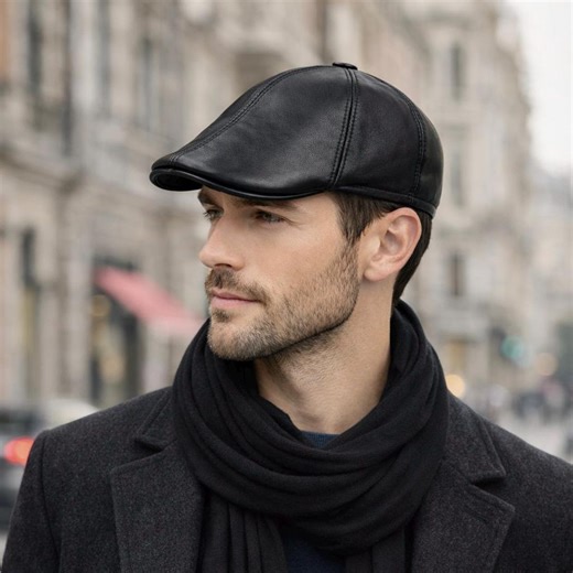 Black Lambskin Leather Flat Cap – Handcrafted Newsboy Hat for Men - Etsy