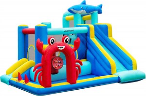 SPECSTAR 7 in 1 Inflatable Bounce House for Kids, Sea Theme Inflatable Bounce House with Slide, Bouncy Castle with Blower for Outdoor, Basketball, Climb, Jump Area, Ball, Water Pool, Hoop