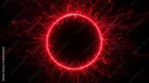 Abstract red circle plasma lightning particle effect, ring with swirling light particles overlay visual effect layer. 4k video