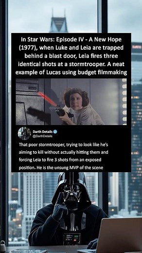 In A New Hope (1977), Leia fires three identical shots at a stormtrooper