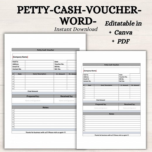Petty Cash Voucher Template: Printable Business Expense Tracker (microsoft Word Format) - Etsy Australia