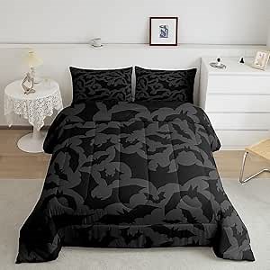 Castle Fairy Halloween Themed Full Size Comforter Set,Black Bats Animal Print Bedding Comforters Bedroom Collection,Dark Grey Color Bedding Set for Girls Teens