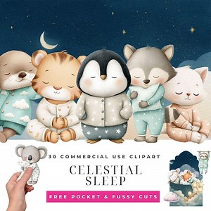 Celestial Sleep Watercolor Clipart Bundle, Dreamy Nursery Night Art, Bedtime Moon Cloud Stars Set, Sleepy Animal Kids Illustrations - Etsy
