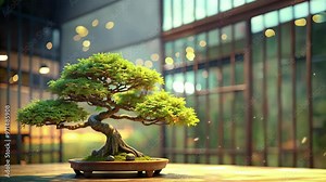 bonsai plants in the room and there are sparks of fire with a Japanese living room theme