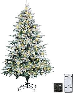 6ft Snow Flocked Christmas Tree with Remote Control, Prelit Artificial Christmas Tree with Pine Cones, 250 Warm White & Multi-Color Lights, 1033 PVC & PE Tips, for Home Office Party Decoration