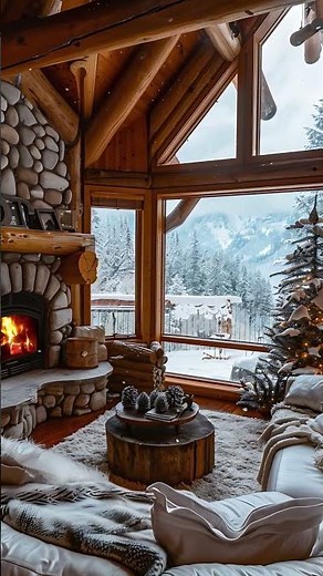 Warm Log Cabin in the Snow ❄️🔥Crackling Fireplace, Snowfall, Mountains