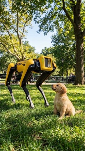 Boston Dynamics robot meets a real dog for the first time...