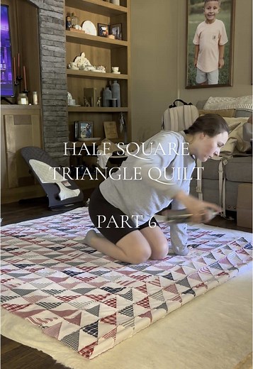 Part 6- basting together the quilt sandwich! Follow along for the next update! 🪡 #quilting #quilt #quilttok #quiltersoftiktok #halfsquaretriangle #crafting #homemade #handmade #grandmahobbies