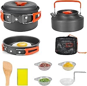 OSWIN Camping Cookware Set, Non-Stick/Lightweight/Durable Backpack Cooking Set, 15pcs Camping Cookware Mess Kit, Includes Pot Pan Bowls Plates