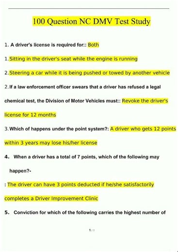 Latest 100 Question NC DMV Test StudyQuestions and Answers Verified Answers50 video